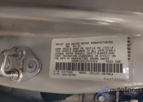 2001 Toyota Corolla Le из США, поврежденный, VIN 1NXBR12E81Z513824